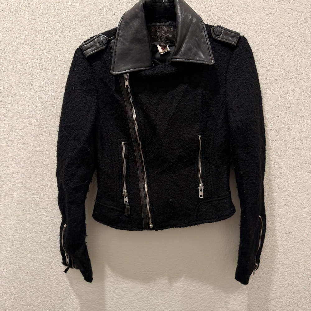 True Religion Womens Black Wool Leather Trim Moto Biker Jacket Medium